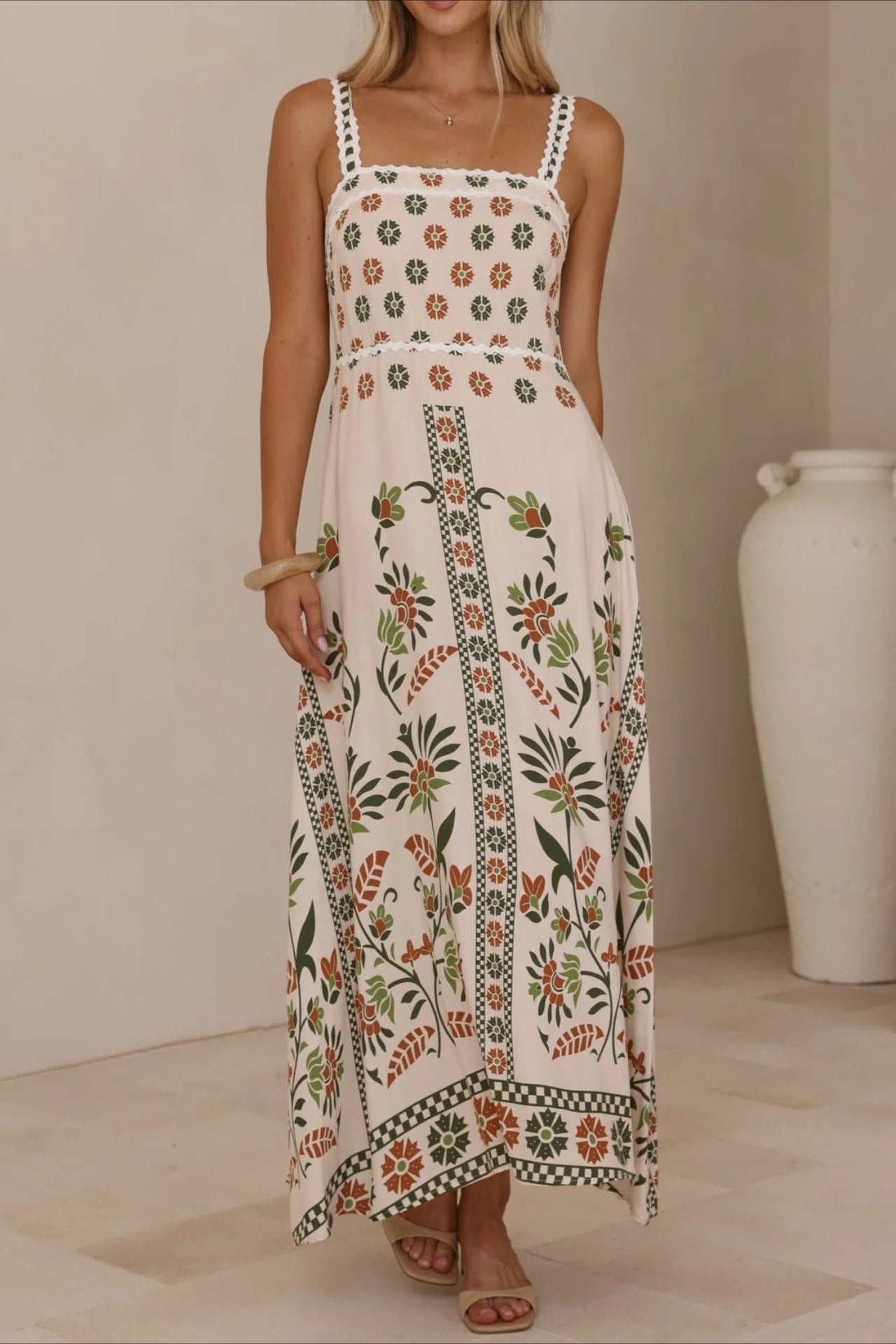 Square Neck Lace Trim Empire Waist Geometric Floral Border Maxi Dress