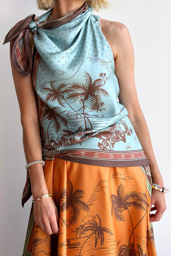 Alberta Satin Unique Color-blocked Print Tie Detail Layered Scarf Midi Dress