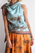 Alberta Satin Unique Color-blocked Print Tie Detail Layered Scarf Midi Dress