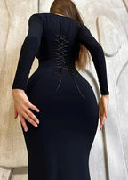 Square Neck Long Sleeve Bodycon Maxi Dress