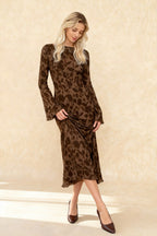 Boat Neck Floral Silhouette Print Bell Sleeve Slim Midi Dress