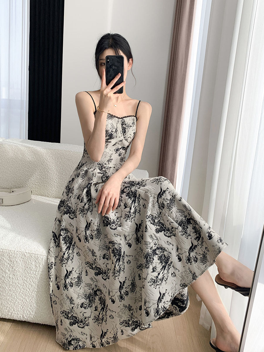 Toile Print Square Neck Spaghetti Strap Lace Trim A-Line Midi Dress