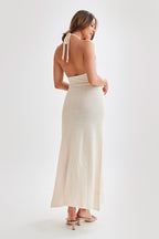 Halter Neck Floral Rosette Applique High Slit Crochet Knit Maxi Dress