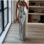 Angel Boutique Charming Sequin Sling Square Collar Backless Dress Skirt Elevated Occasion Wear