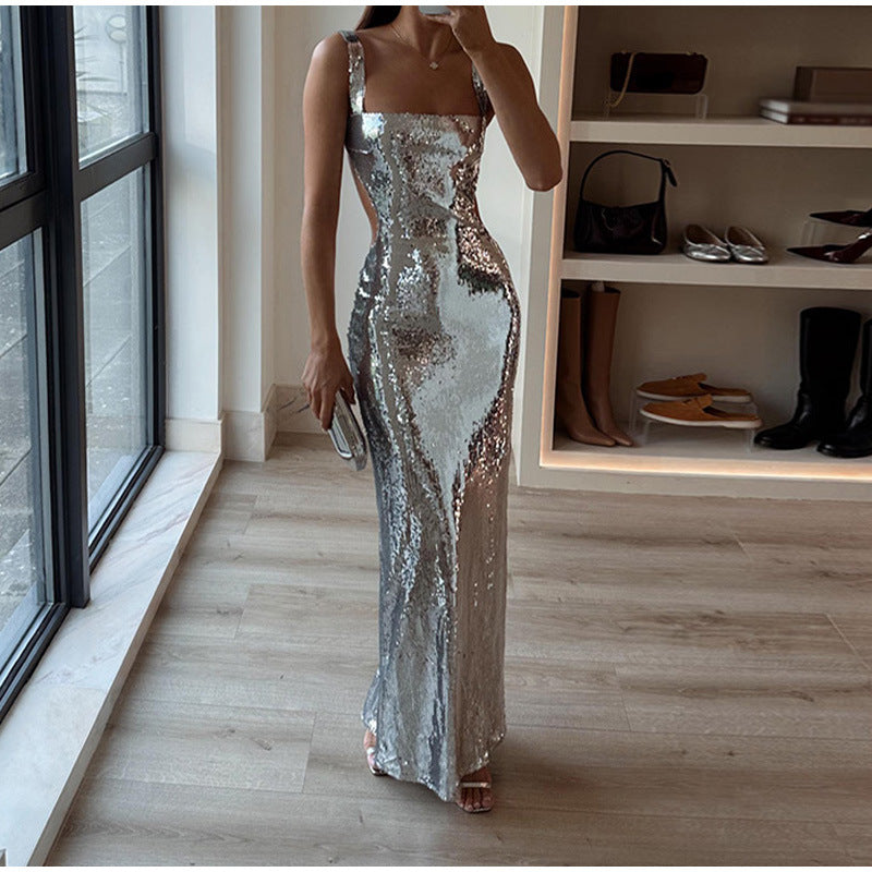 Edith Chic Charming Sequin Sling Square Collar Backless Dress Skirt Evening Wear Edit