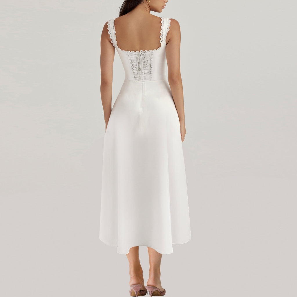 Corset Midi Dress with Lace Trim and Side Slit