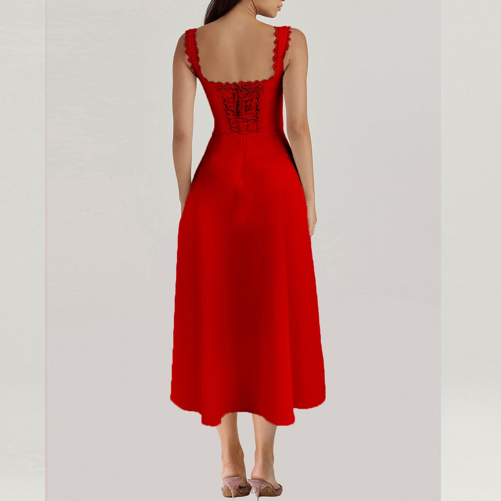 Corset Midi Dress with Lace Trim and Side Slit