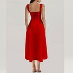 Corset Midi Dress with Lace Trim and Side Slit