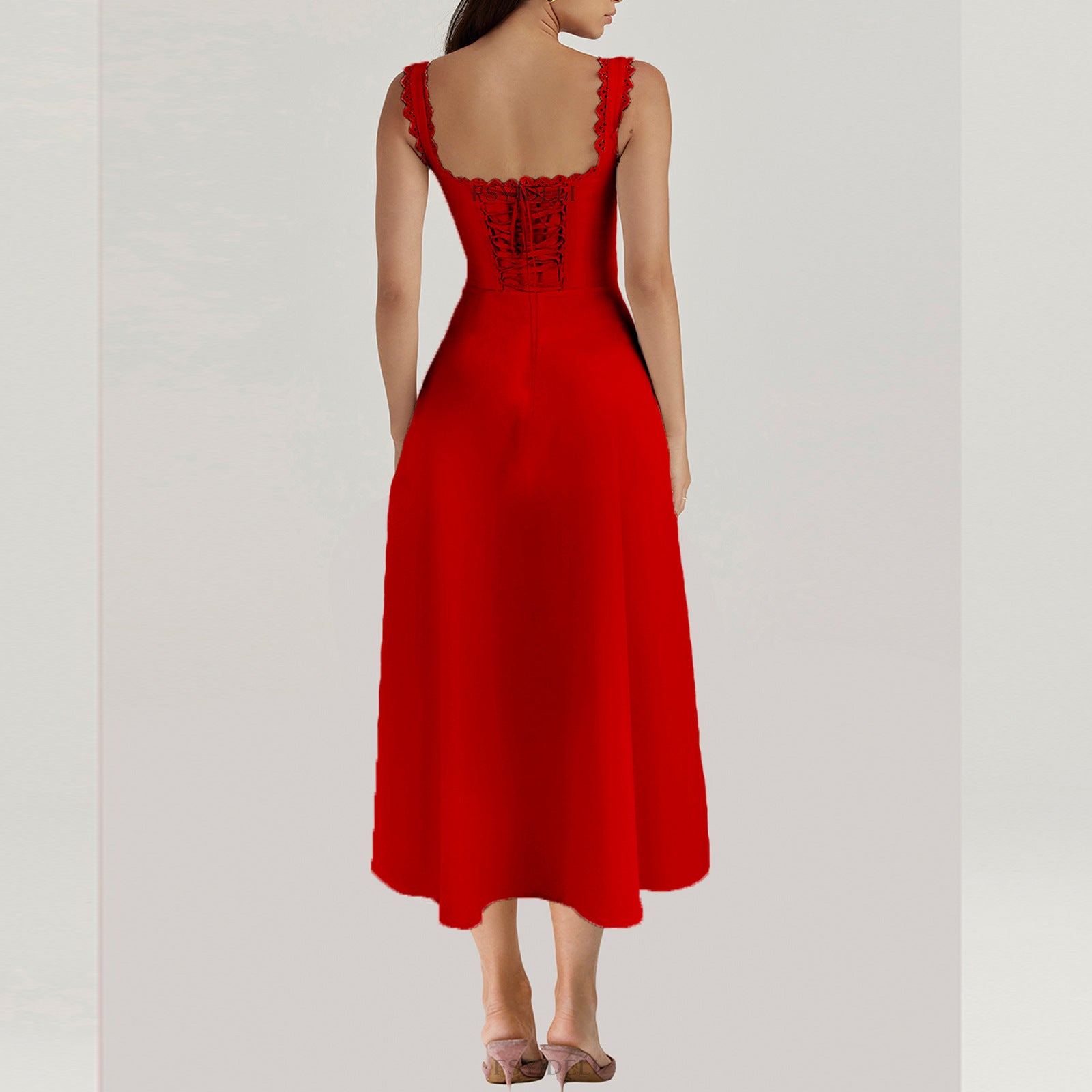 Corset Midi Dress with Lace Trim and Side Slit