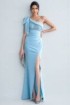 Denny Blue One-Shoulder Embroidered Maxi Dress