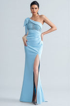 Denny Blue One-Shoulder Embroidered Maxi Dress