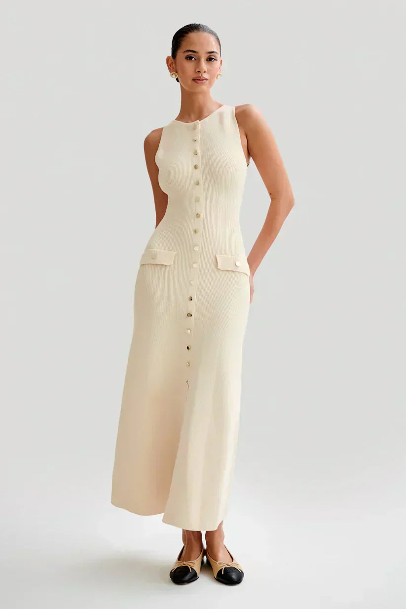 Rib Knit Sleeveless Button Front Faux Pocket Midi Dress