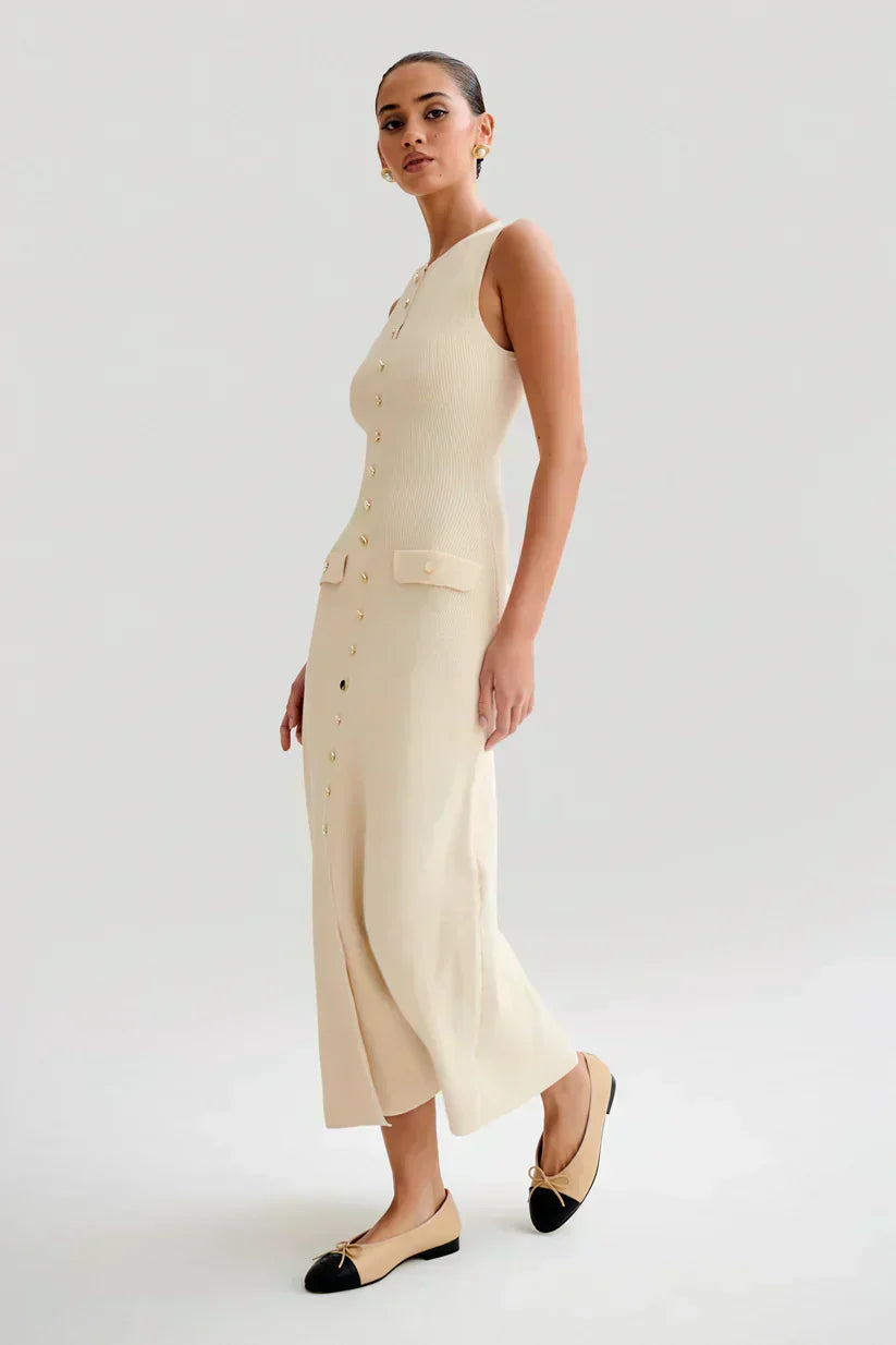 Rib Knit Sleeveless Button Front Faux Pocket Midi Dress