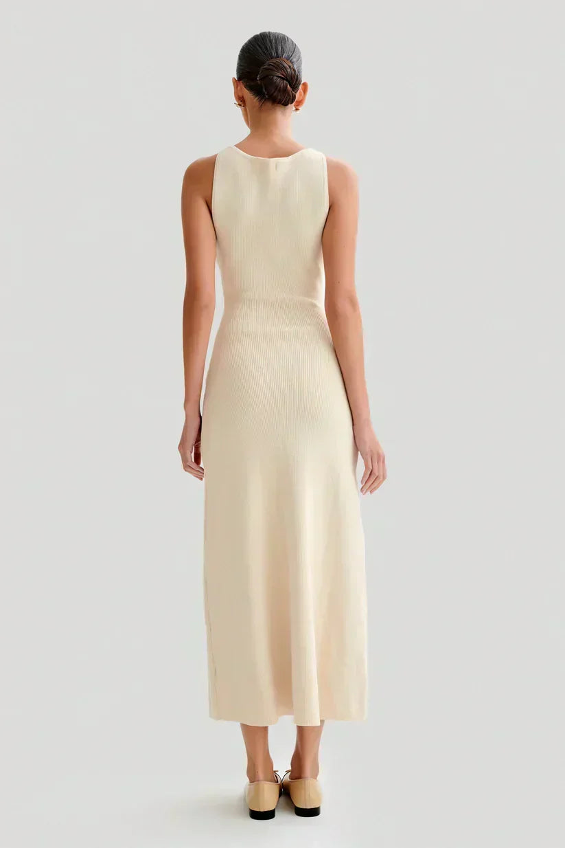 Rib Knit Sleeveless Button Front Faux Pocket Midi Dress