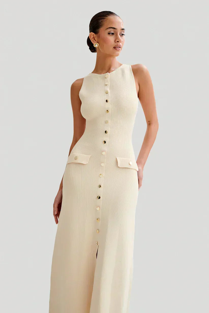 Rib Knit Sleeveless Button Front Faux Pocket Midi Dress