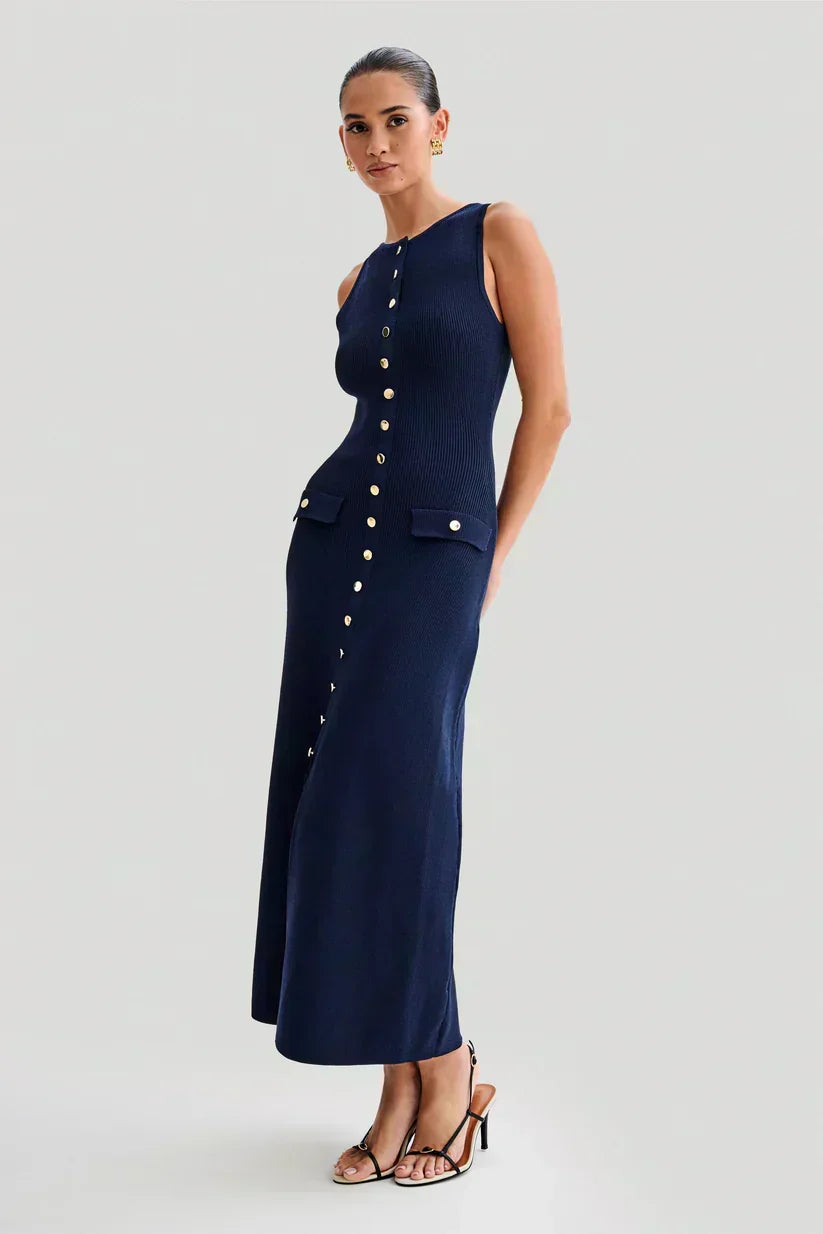 Rib Knit Sleeveless Button Front Faux Pocket Midi Dress