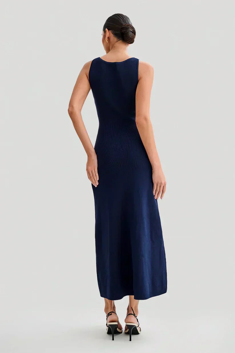 Rib Knit Sleeveless Button Front Faux Pocket Midi Dress