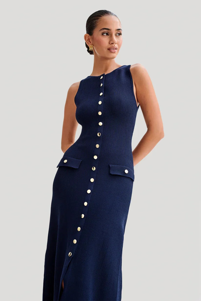 Rib Knit Sleeveless Button Front Faux Pocket Midi Dress