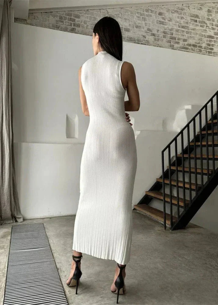 Mock Neck Sleeveless Rib Knit Bodycon Midi Dress