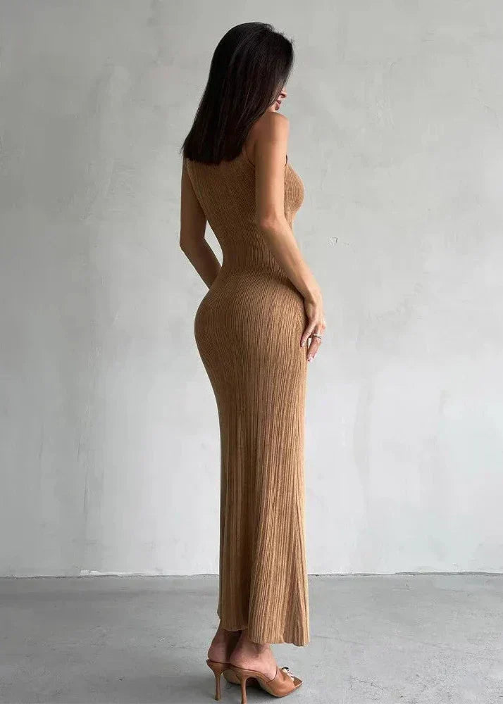 Mock Neck Ribbed Knit Sleeveless Bodycon Maxi Dress