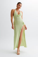 Halter Neck Floral Applique Knit High Slit Maxi Dress