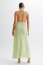 Halter Neck Floral Applique Knit High Slit Maxi Dress