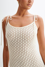 Crochet Knit Scoop Neck Tie Shoulder Tiered Ruffle Hem Midi Dress