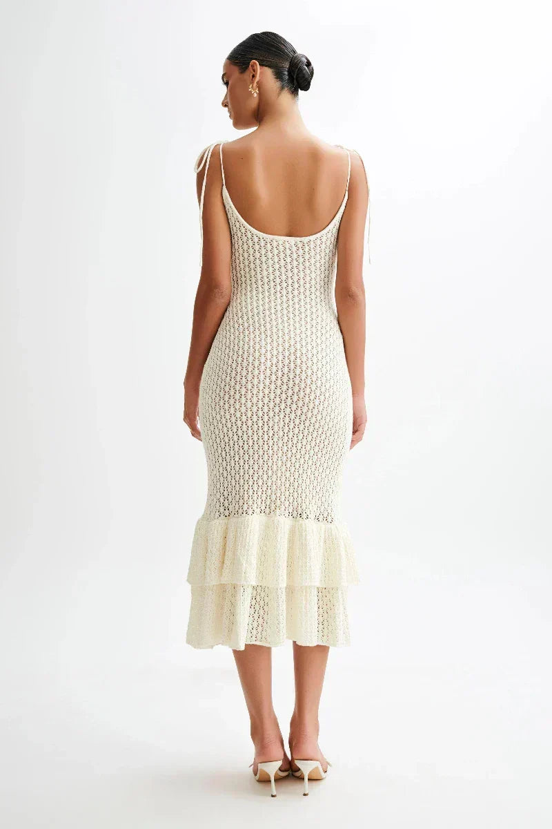 Crochet Knit Scoop Neck Tie Shoulder Tiered Ruffle Hem Midi Dress