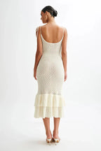 Crochet Knit Scoop Neck Tie Shoulder Tiered Ruffle Hem Midi Dress