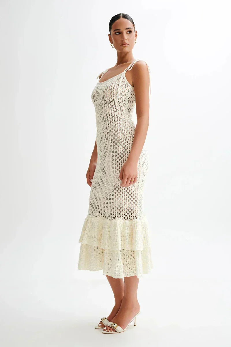 Crochet Knit Scoop Neck Tie Shoulder Tiered Ruffle Hem Midi Dress