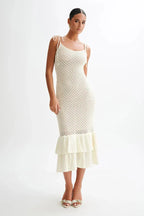 Crochet Knit Scoop Neck Tie Shoulder Tiered Ruffle Hem Midi Dress
