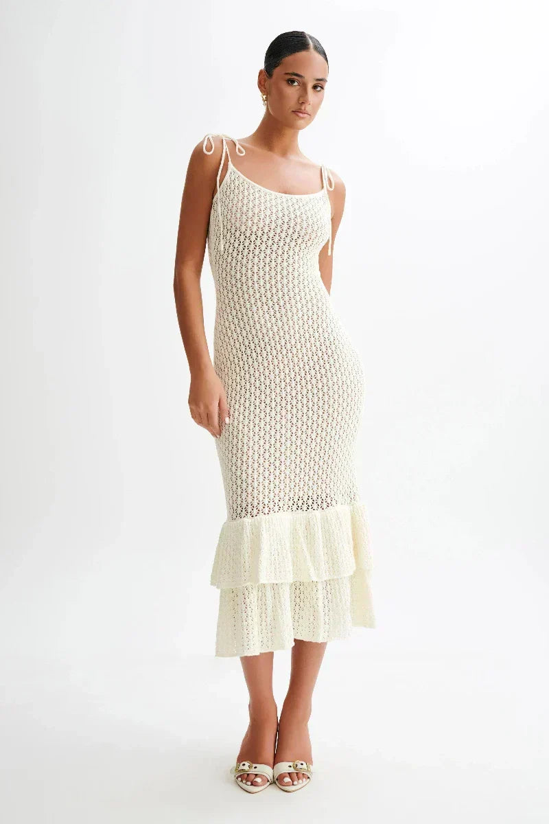 Crochet Knit Scoop Neck Tie Shoulder Tiered Ruffle Hem Midi Dress