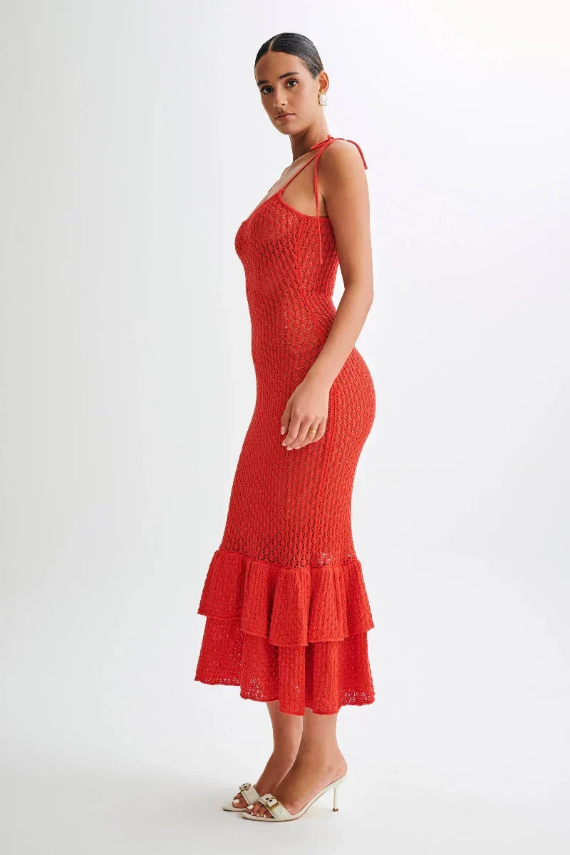 Crochet Knit Scoop Neck Tie Shoulder Tiered Ruffle Hem Midi Dress
