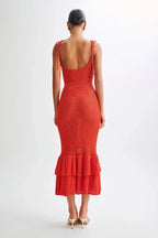 Crochet Knit Scoop Neck Tie Shoulder Tiered Ruffle Hem Midi Dress