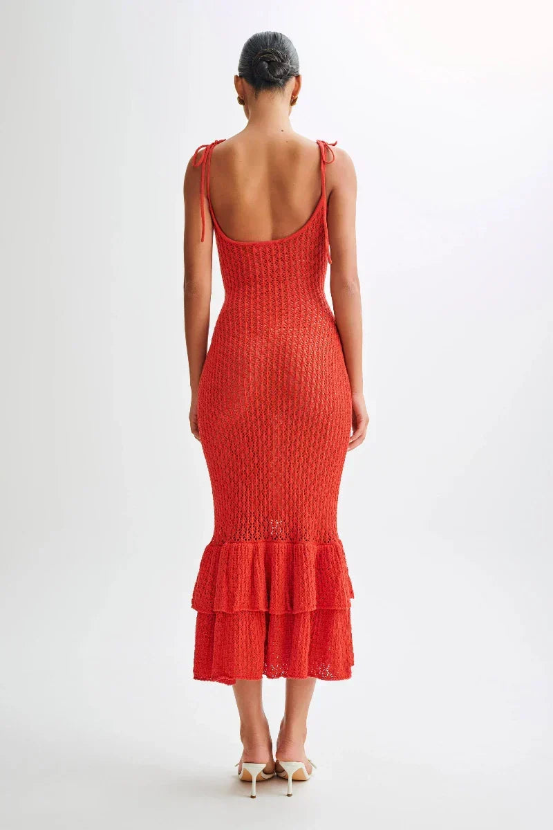 Crochet Knit Scoop Neck Tie Shoulder Tiered Ruffle Hem Midi Dress
