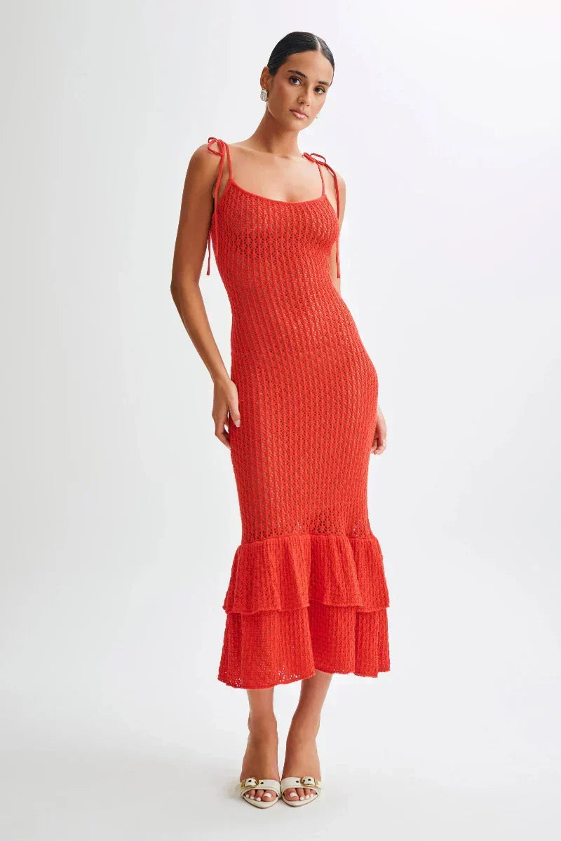 Crochet Knit Scoop Neck Tie Shoulder Tiered Ruffle Hem Midi Dress