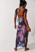 Lace Bodice Cutout Floral Print Satin Maxi Slip Dress