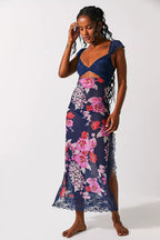 Lace Bodice Cutout Floral Print Satin Maxi Slip Dress