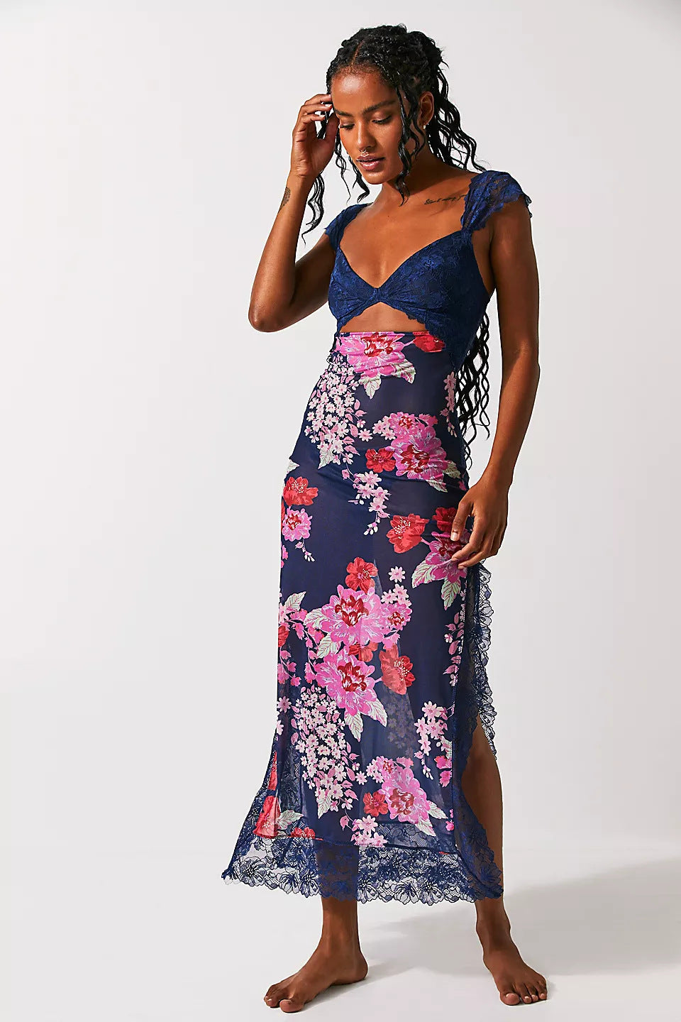 Lace Bodice Cutout Floral Print Satin Maxi Slip Dress