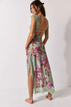 Lace Bodice Cutout Floral Print Satin Maxi Slip Dress