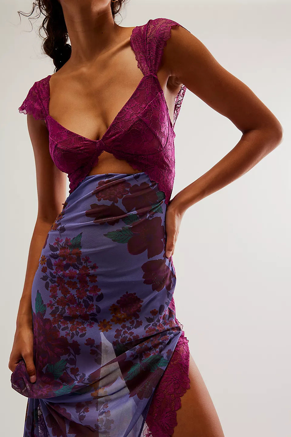 Lace Bodice Cutout Floral Print Satin Maxi Slip Dress
