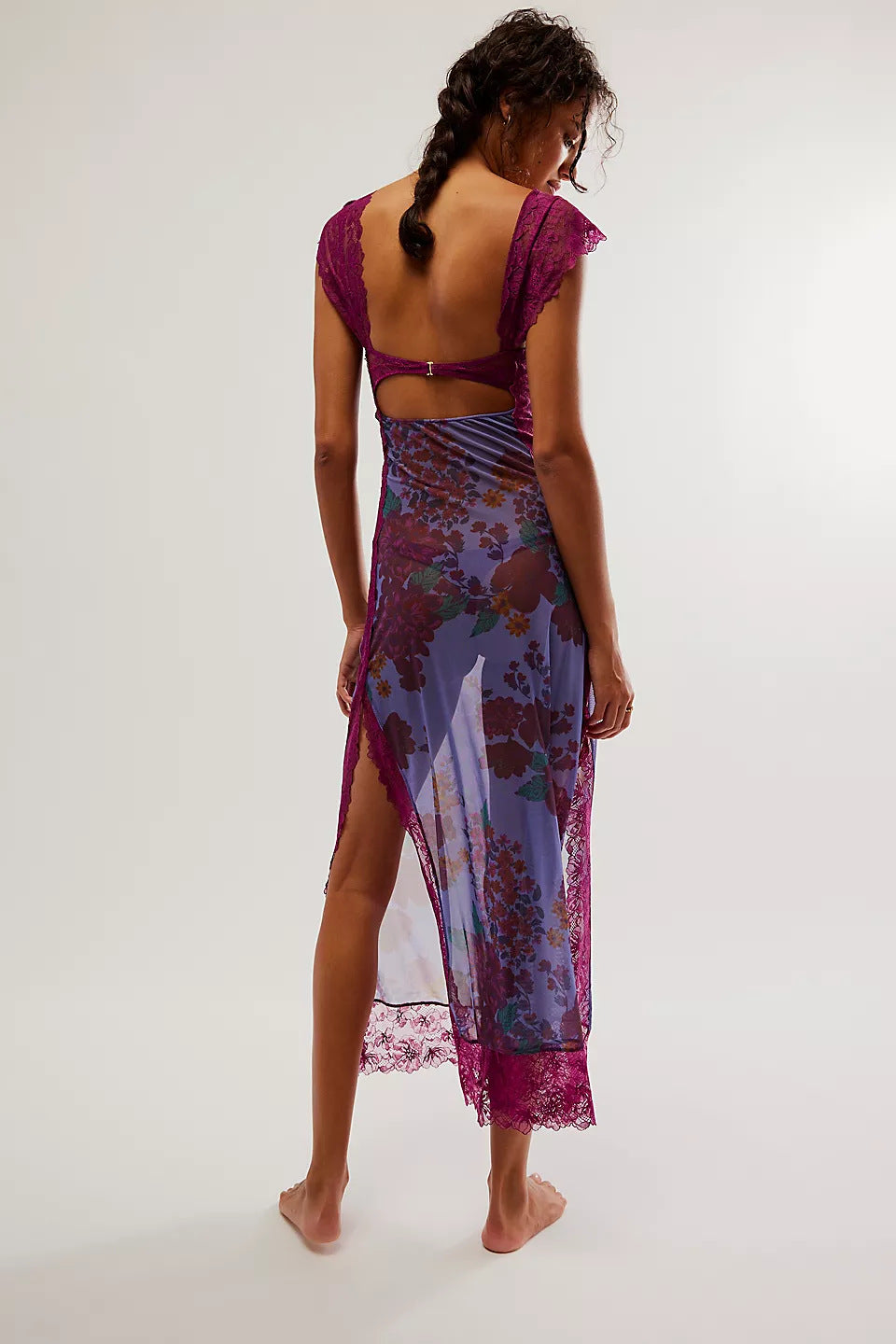 Lace Bodice Cutout Floral Print Satin Maxi Slip Dress