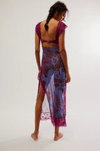 Lace Bodice Cutout Floral Print Satin Maxi Slip Dress