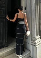 Halter Neck Sweetheart Crochet Panel Cable Knit Side Slit Maxi Dress