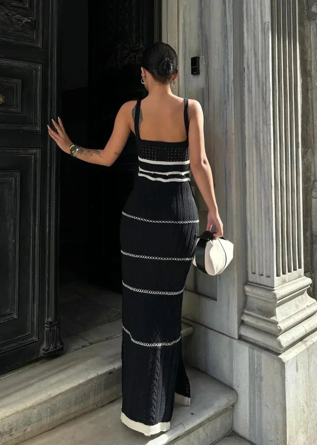 Halter Neck Sweetheart Crochet Panel Cable Knit Side Slit Maxi Dress