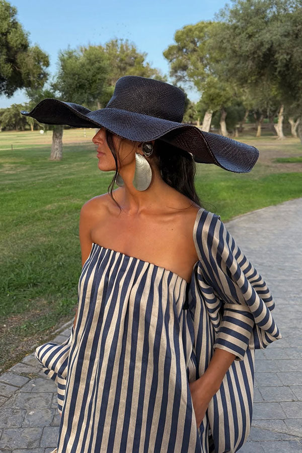Berry Satin-Striped Detachable Balloon Sleeve Jacket Strapless Maxi Dress