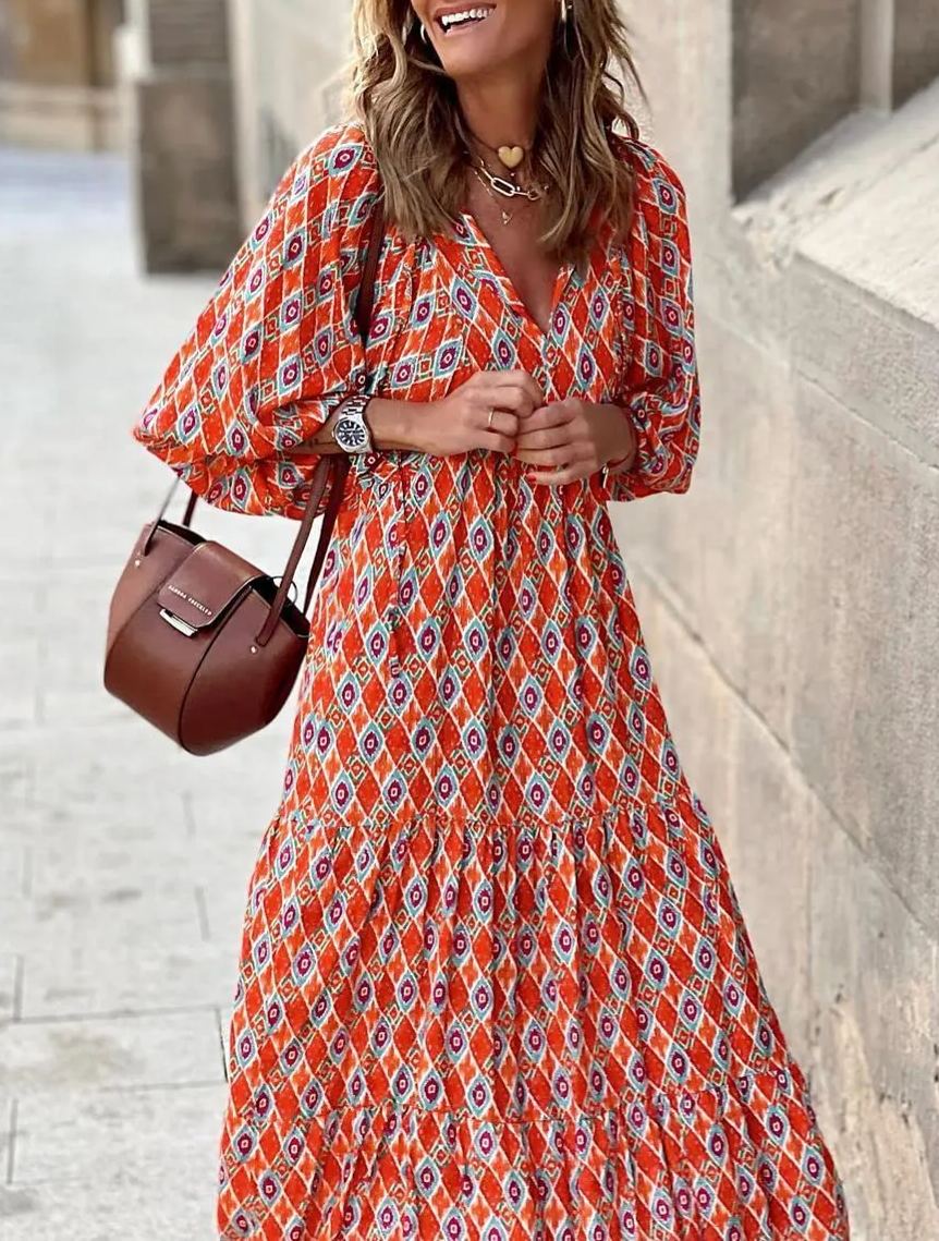 Puff Sleeve Tiered Geometric Print Boho Maxi Dress