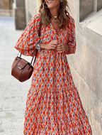 Puff Sleeve Tiered Geometric Print Boho Maxi Dress