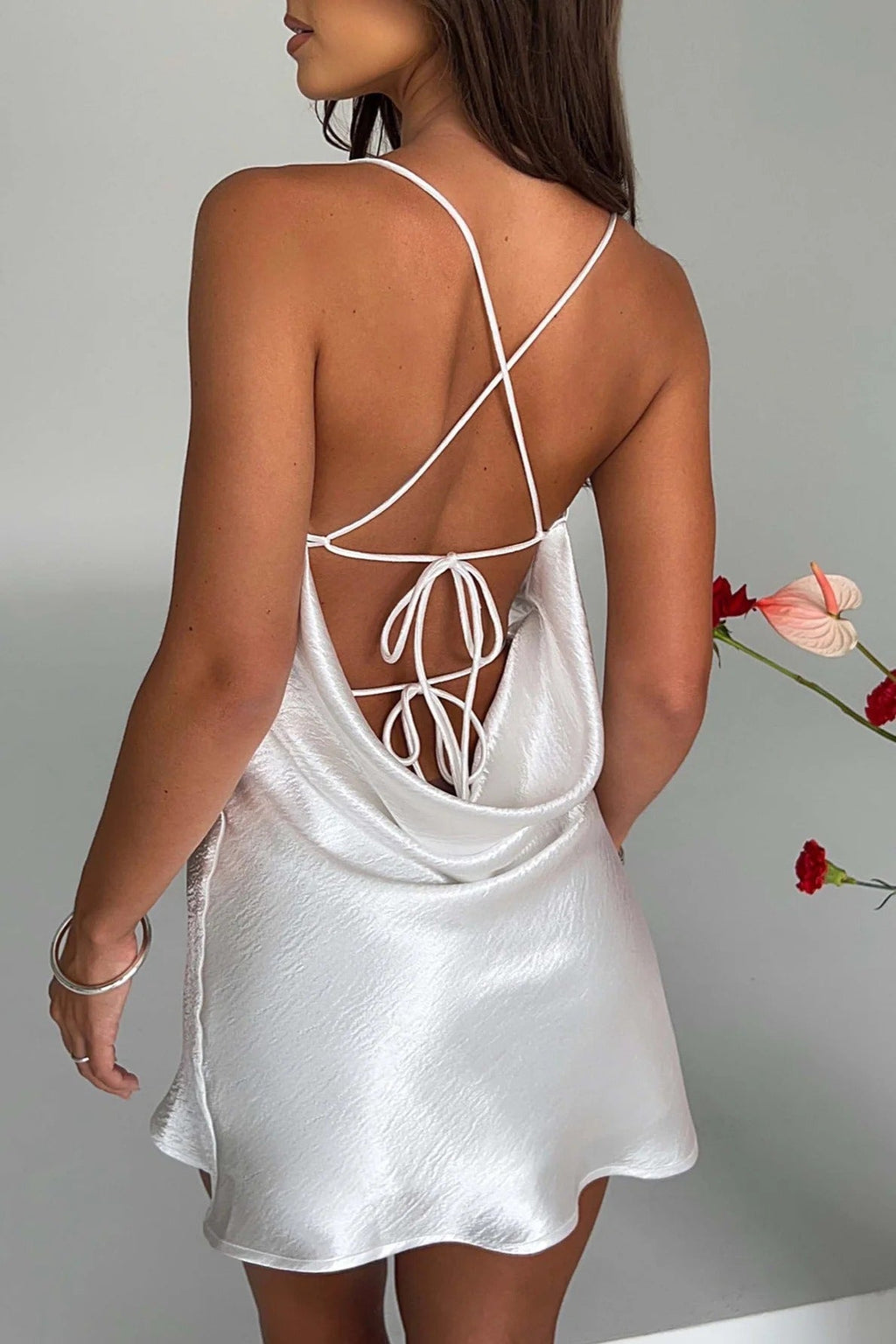 Hammered Satin Cowl Neck Spaghetti Strap Mini Slip Dress