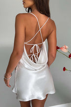Hammered Satin Cowl Neck Spaghetti Strap Mini Slip Dress